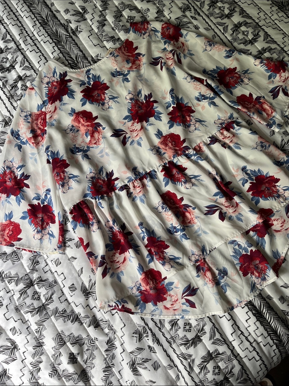 Faded Gliry Floral Peplum Blouse with Red White and Blue Flowers